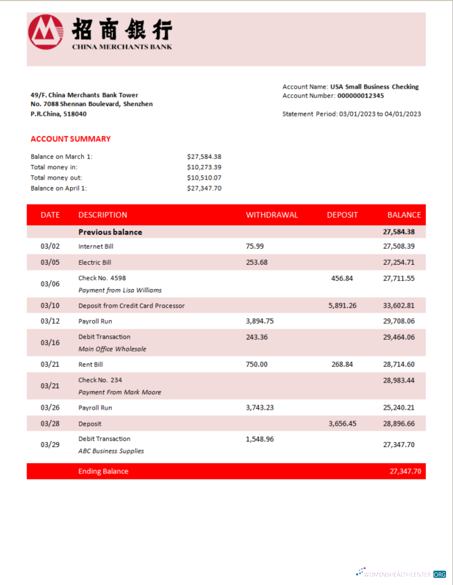 Download China Merchants bank firm account statement Word and PDF template Photoshop template